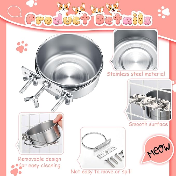 Silkfly 14 Pack Stainless Steel Hanging Dog Crate Bowls, Non-Spill Kennel Food & Water Bowls with Screw Clamp Holders, Removable, Easy to Clean Metal Cage Feeder for Pets(12 oz)