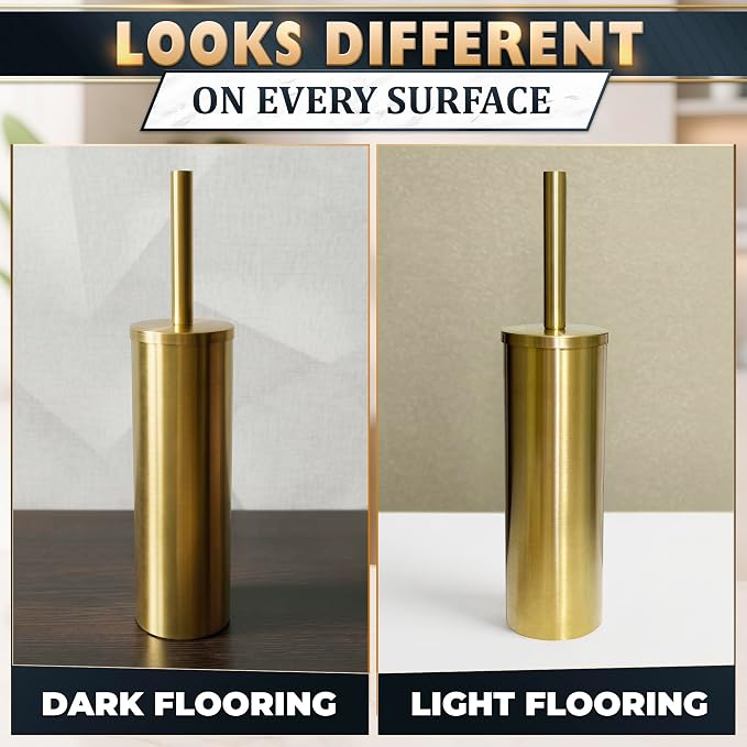 Gold Toilet Brush and Holder Set - Stainless Steel Gold Toilet Bowl Brush and Holder with Replaceable Head, Removable Inner Bowl, and Splash Guard - Dense Bristles for Thorough Cleaning