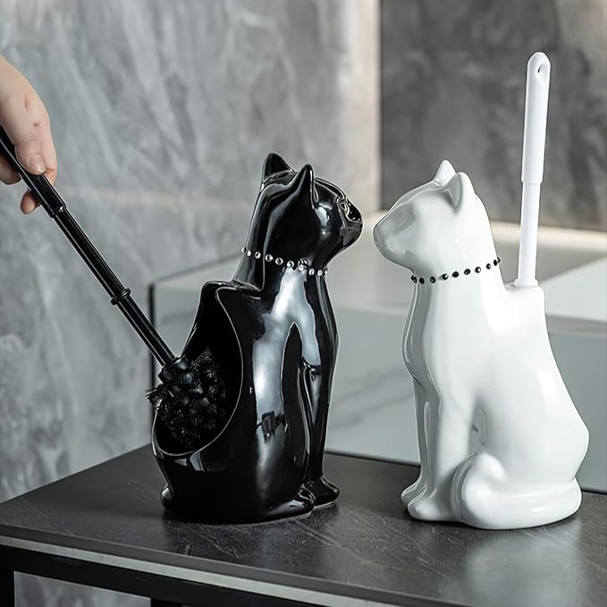Cat Toilet Brush Holder - Ceramic Whimsical Feline Design with Wide-Mouth Storage, Black Toilet Bowl Brush and Holder Set Cute for Bathroom Ground, Easy-Clean Cat Lover Gift (White)