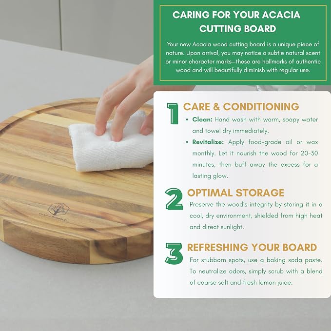 Round Acacia Wood Cutting Boards for Kitchen, 1.5 in Thick Butcher Block Construction for Stability, 12 x 12 in Round Cutting Boards with Gift Box, Juice Groove and Handle