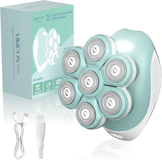 VIKICON 7D Electric Razors for Women Full Body, Smooth Painless Legs Shaver | 7D 360° Wide-Area Fast Shaving Heads, IPX6 Waterproof Wet & Dry Use, Bikini Hair Removal, LED Light, Travel Size, Green