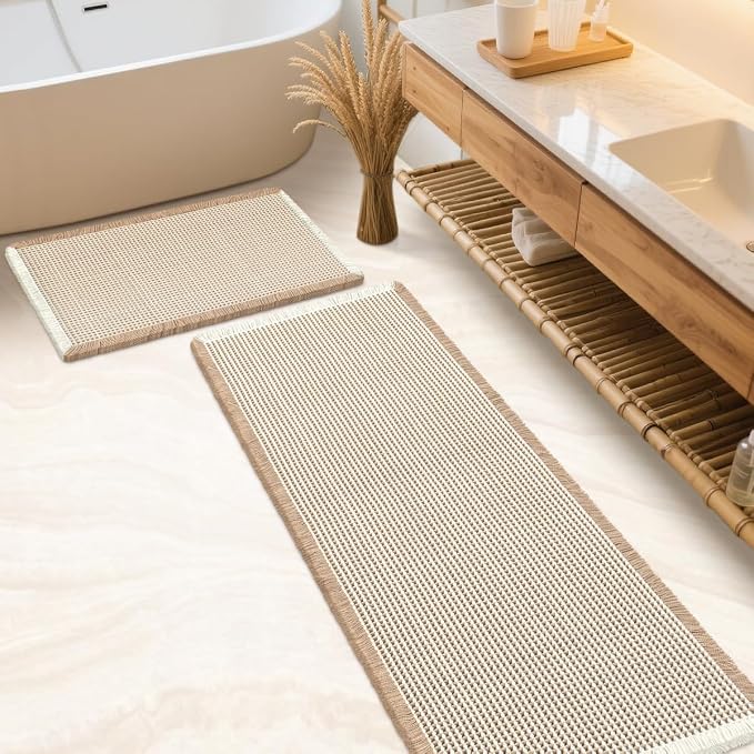 IM HOME Waffle Bath Mat Set 2 Piece Brown & Cream,Woven Modern Bath Rug Mats, Absorbent Non Slip Bath Floor Mat, Soft Washable Boho Bath Rugs with Tassels for Bathroom, Bedroom, Kitchen, Tub