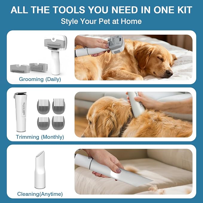 Dog Grooming Vacuum, 13000Pa & 2L Dust Cup & <55dB, 5-in-1 Self-Cleaning Pet Hair Vacuum with Spray Brush for Shedding, Quiet Deshedding Kit for Dogs Cats