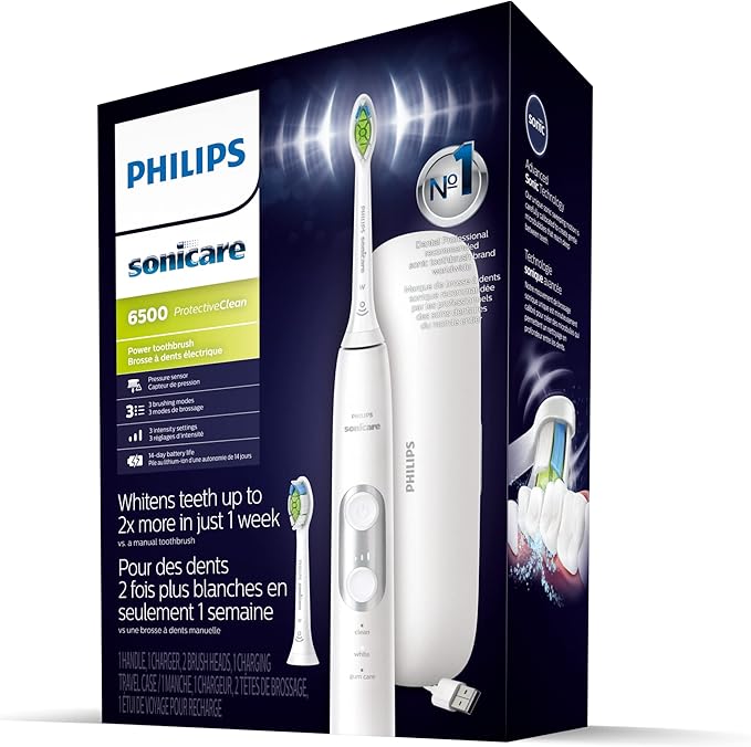 Philips Sonicare ProtectiveClean 6500 Rechargeable Electric Toothbrush, with Pressure Sensor, 3 Cleaning Modes, SmarTimer and QuadPacer, 14-Day Battery Life, Charging Travel Case, White, HX6462/05