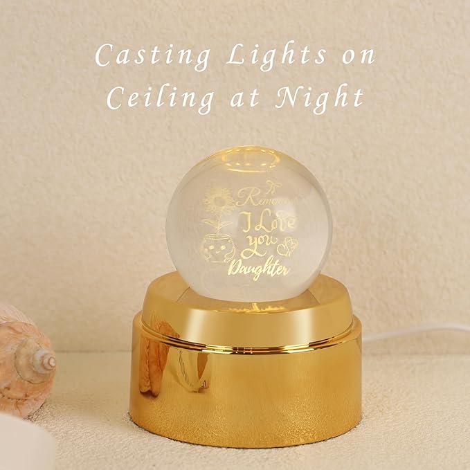 ZHSHWAT Gifts for Daughter,Engraved Crystal Ball Night Light with Rotating Glowing Base - Sunflower Design, USB Powered Decor, Ideal Christmas Birthday Daughter Gifts from Mom Dad
