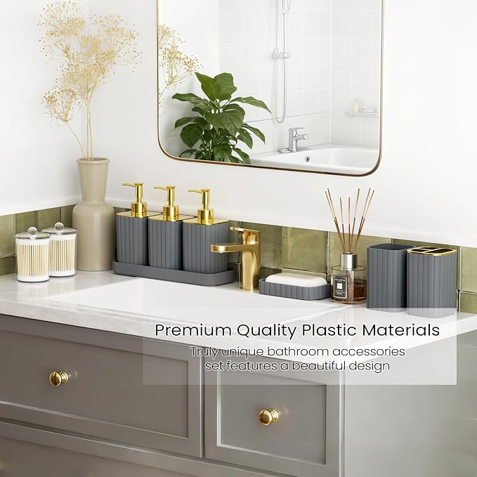 Bathroom Set - Bathroom Accessory Set, Grey Bathroom Set, 26PC Bathroom Sets with Shower Curtain and Rugs, Toilet Brush, Trash Can, Qtip Holder & Bathroom Soap Dispenser Set