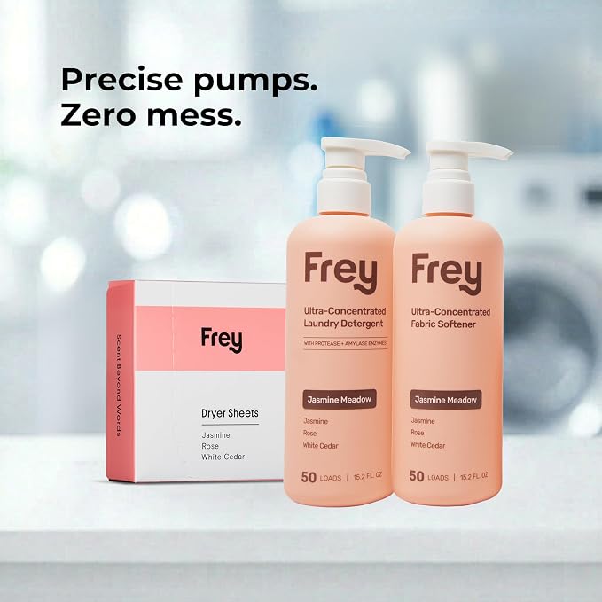 Frey Complete Laundry Package | Jasmine Meadow Scent | Detergent, Fabric Softener & Dryer Sheets | Nature’s Luxury