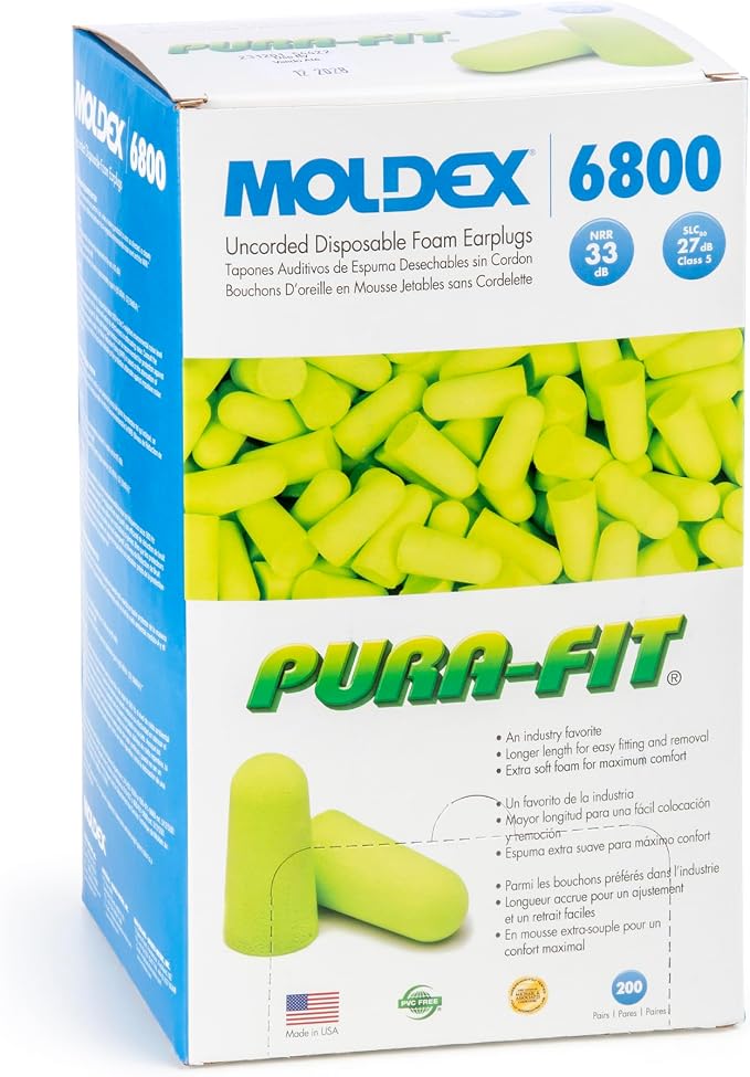 Moldex Pura-Fit Foam Earplugs – Soft, Comfortable, Uncorded, Disposable Ear Plugs, NRR 33dB Noise Reduction for Hearing Protection, Bright Green, Made in USA, 200 Pairs, 6800