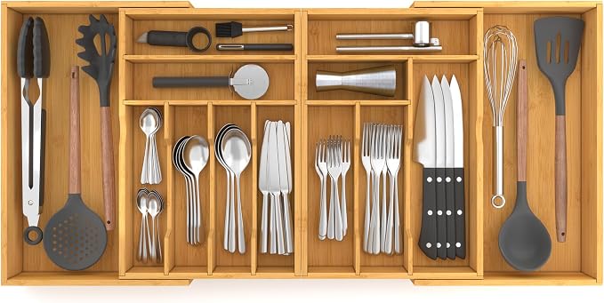 Suli Large Silverware Drawer Organizer, Adjustable Kitchen Flatware for Forks Knives and Spoons, Bamboo Cutlery Utensil Holder, Expandable from 22in-37in, Natural Bamboo