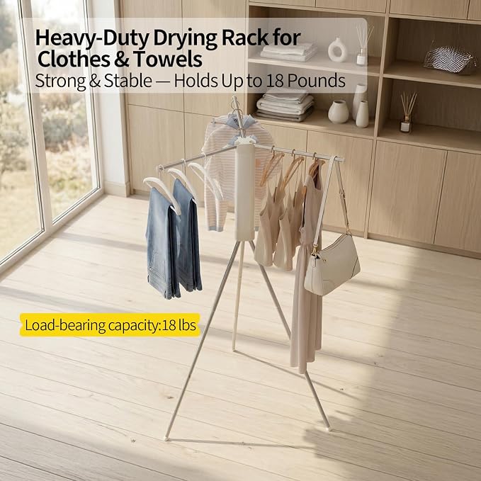 BIREN Foldable Clothes Drying Rack Tripod Clothes Rack Heavy Duty Clothing Racks Laundry Rack Drying for Travel, Camping, Hotel, Apartment, 3 Poles
