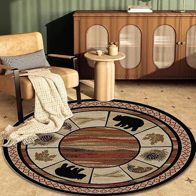 Rustic Lodge Round Area Rug for Hallway Bear Cabin Splice Circle Carpet Western Wildlife Style Throw Rugs Dusk View Floor Mats 2ft