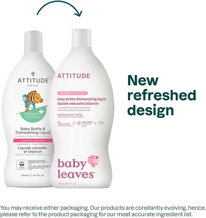 ATTITUDE Baby Bottle & Dish Soap, EWG Verified Bottle Cleaner, Fragrance Free & Dye Free, Removes Milk Residue & Grease, Vegan, Unscented, 23.7 Fl Oz (Pack of 3)