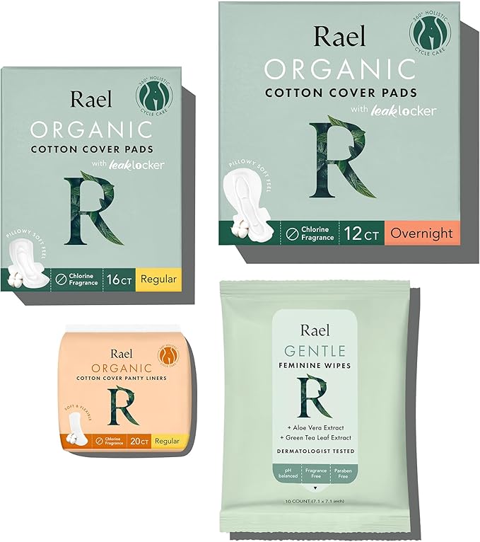 Rael Feminine Care, Period Essential for Women - Organic Cotton Cover Regular & Overnight Pads for Women, Regular Panty Liners and Feminine Wipes