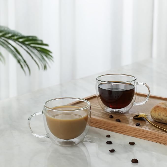 CNGLASS Double Wall Glass Cappuccino Mugs 8.1oz,Clear Insulated Glass Coffee Mug with Handle for Espresso,Latte,Tea,Set of 2