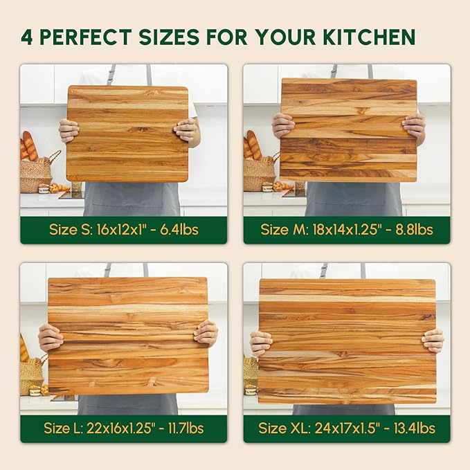 Teak Wood Cutting Board with Hand Grip (20x15x1.25", M) | Wooden cutting boards for kitchen, wood chopping board, butcher block, charcuterie board for serving. Gift box included