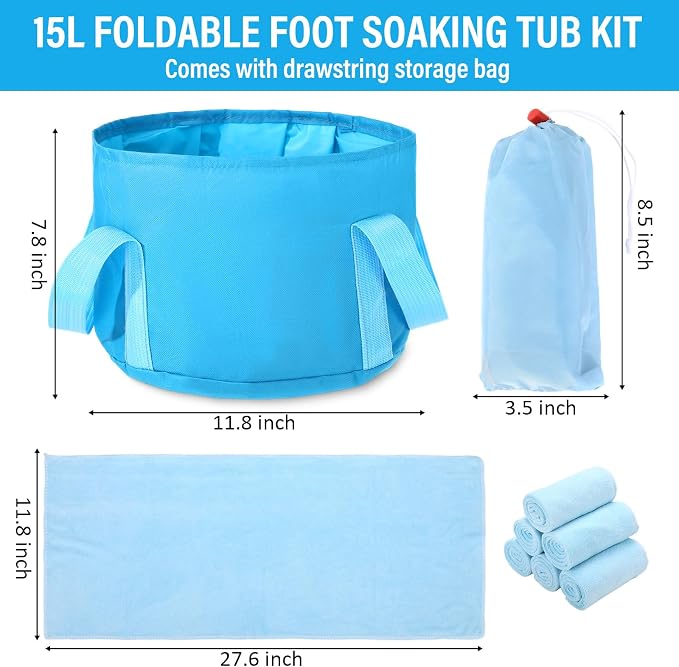 FillTouch 12 Pcs 15L Foldable Foot Soaking Tub Kit Portable Foot Bath Tub for Soaking Feet with Towel and Storage Bag Soak Spa Bucket for Travel Camping (Blue)