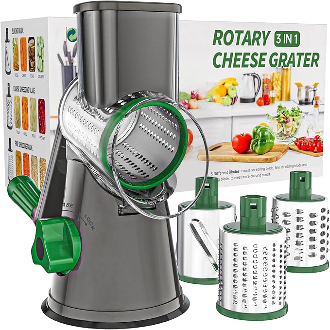 Cambom Rotary Cheese Grater Hand Crank Cheese Shredder for Fresh Cheese, Vegetable, Nuts,Non-slip Suction Base, Three Blades, Gray Green