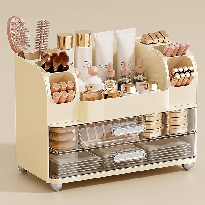 UFORU Makeup Organizer for Vanity with 2 Large Drawers, Cosmetic Display Case with Brush Holders, Easy to Storage for Bathroom Countertop Skincare, Perfume, Cream White