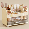 UFORU Makeup Organizer for Vanity with 2 Large Drawers, Cosmetic Display Case with Brush Holders, Easy to Storage for Bathroom Countertop Skincare, Perfume, Cream White