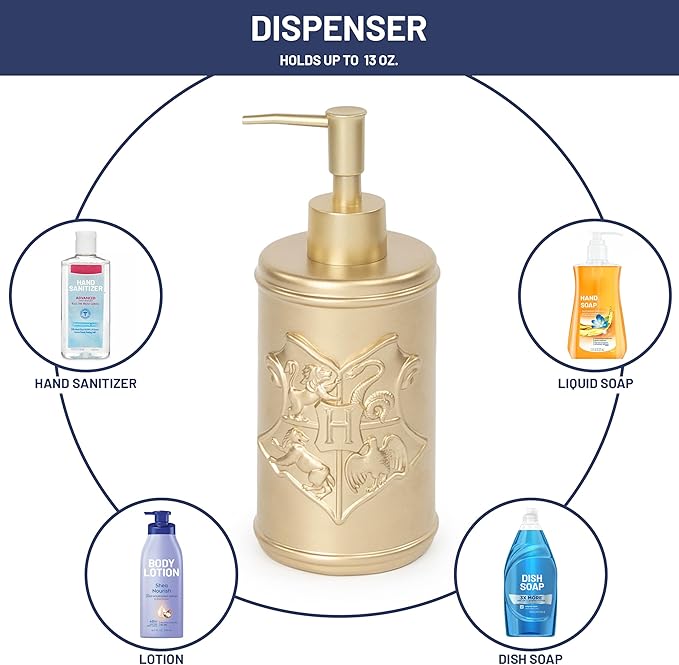 Harry Potter Bathroom Organizer Set - 4 Piece White and Gold Hogwarts Crest Accessories Includes Resin Soap Dispenser, Soap Dish, Toothbrush Holder and Tumbler - Bathroom Décor