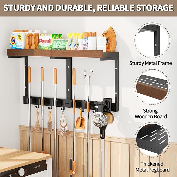 Broom Holder Wall Mount with Cleaning Supplies Organizer, Laundry Room Shelves with Mop Hanger Rack Gripper Hooks and Vacuum Organizer, Broom and Mop Organizer Wall Hanging for Home Garage Kitchen