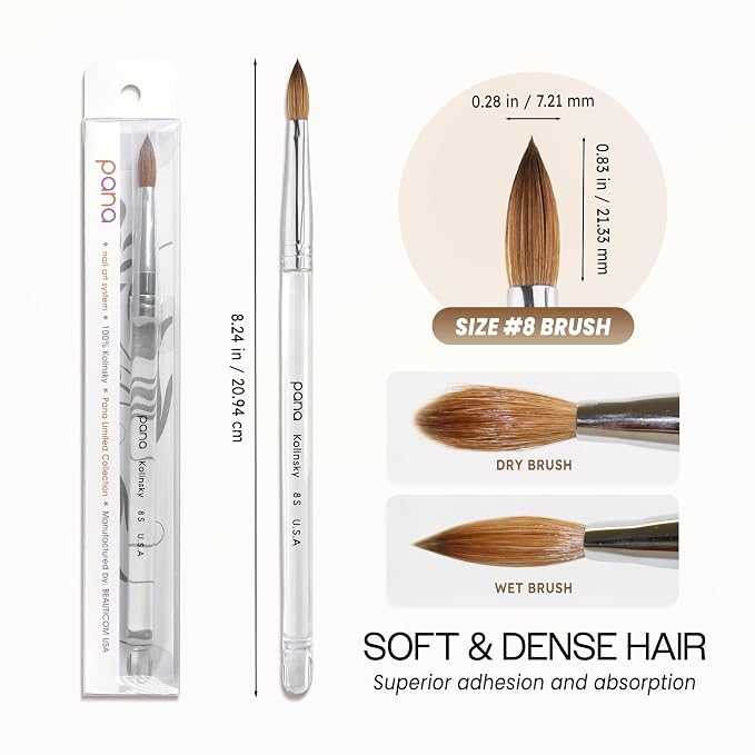 PANA Pure Kolinsky Hair Acrylic Nail Brush - Oval Crimped Clear Acrylic Handle (Size 8)