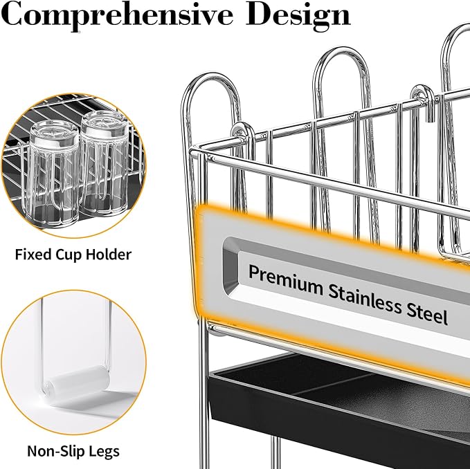 Delamu Large Dish Drying Rack, Stainless Steel Dish Racks for Kitchen Counter, Multifunctional Dish Drainer with Cutlery & Cup Holders, Extendable from 13.4 to 28.7 in, Black