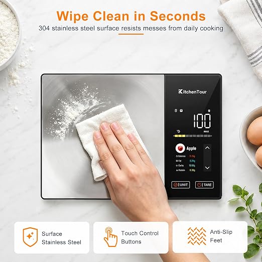 KitchenTour Smart Food Scale with Nutritional Calculator, Bluetooth App for Calorie & Macro Tracking, 24 Nutrients, 11lb/1g Stainless Steel Kitchen Scale