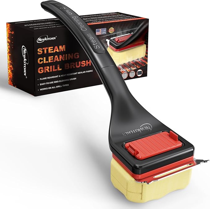 NEWKITCHEN Bristle Free Grill Brush with Scraper, Safe Steam Clean BBQ Grill Cleaner, Long Handle Replaceable Head Grill Cleaning Brush for Outdoor Grill