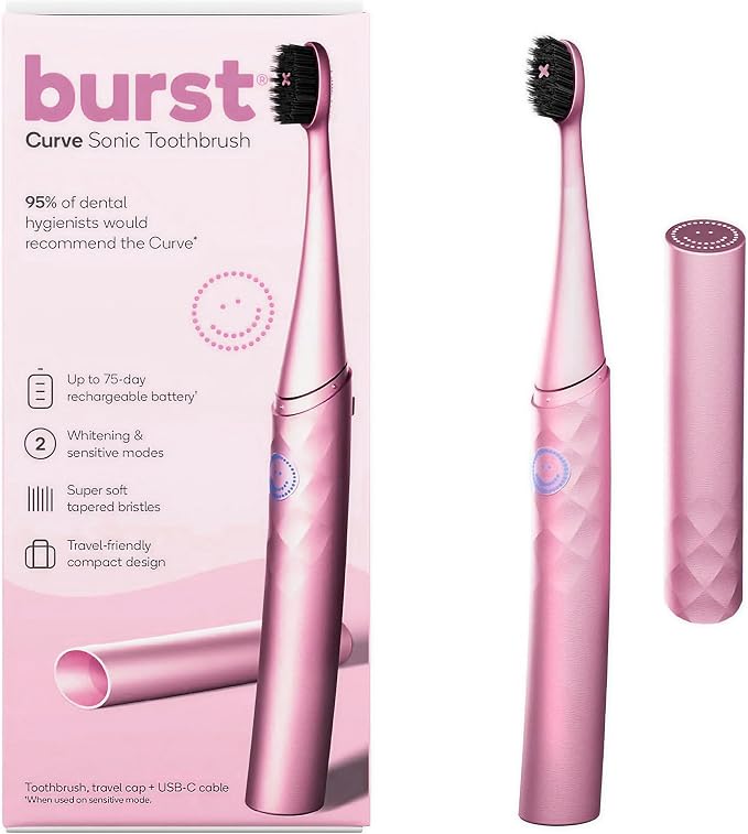 Burst Curve Sonic Electric Toothbrush for Adults (Blush Pink) | Slim Travel Brush with Cover | Ultra Soft Bristles | Up to 2 Month Rechargeable Battery | Two Modes & Timer