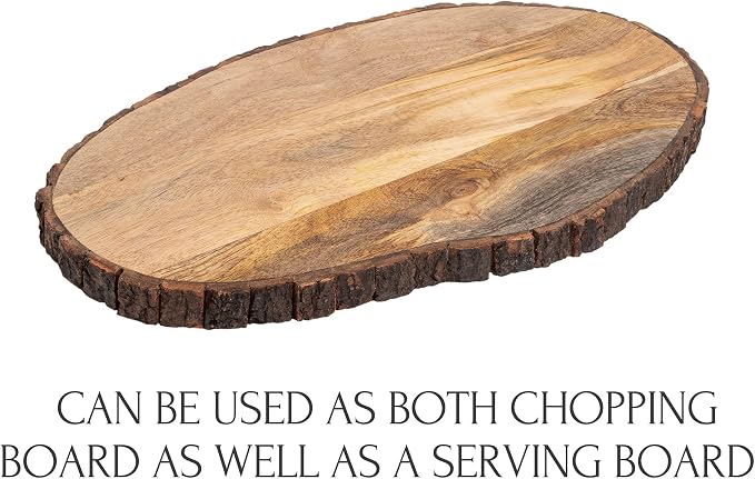 GoCraft Oval Wooden Cutting Board with Tree Bark Rim | Mango Wood Live Edge Chopping, Prep, Serve Board | Charcuterie Platter - 17" x 10"