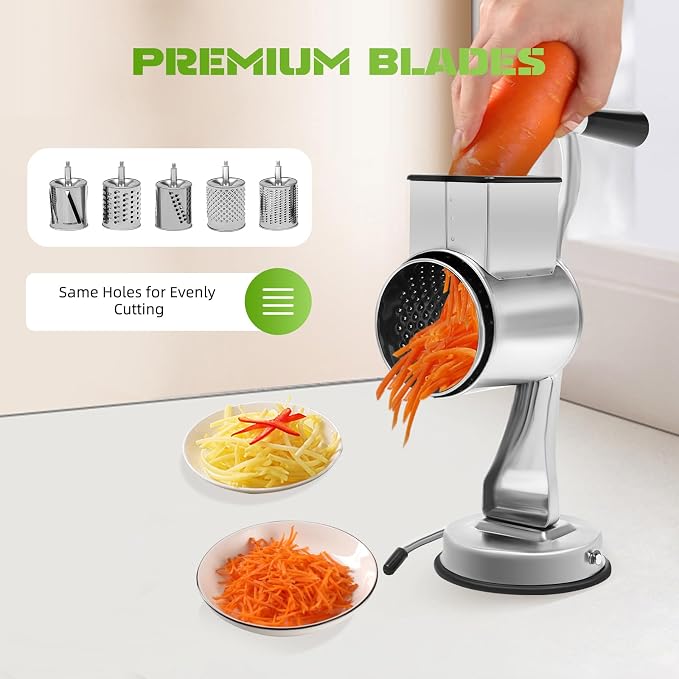 5-In-1 Stainless Steel Rotary Vegetable Cheese Grater Potato Slicer, Countertop Grater Manual Kitchen Shredder Round Food Chopper with Blades for Cafeterias Restaurants Hotels