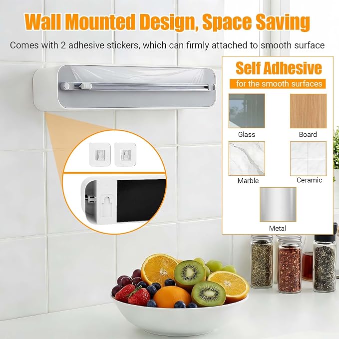 Magnetic Plastic Wrap and Foil Dispenser with Cutter, Upgrade Large Size Fits Max 12.8In x 984Ft Cling Film, Adhesive Wall Mounted Aluminum Foil and Wrap Organizer Holder for Kitchen