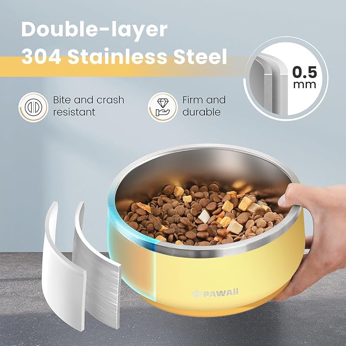 Pawaii Dog Bowl,68 oz Stainless Steel Food and Water Bowl,ID Tag,1 Pack | Double-Wall Design,Non-Slip Rubber Base,Dishwasher Safe,Smooth Open Design, Not a Slow Feeder,Easy-Rinse Interior