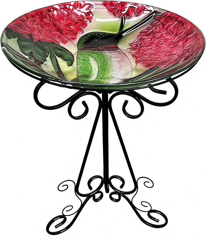Large Glass Bird Bath with Metal Stand, Hummingbird | 18" Wide Bowl, 3.2" Bathing Depth, Thick Glass Construction, Stable 3-Leg Base, Easy Clean Surface, Garden Decor