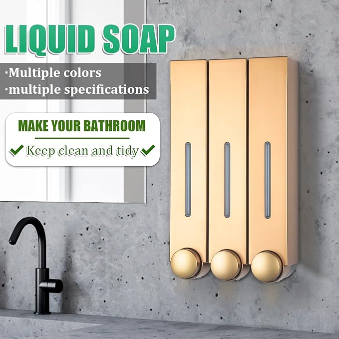 Liquid Soap Dispenser Wall Mount, 2 Chamber Bathroom Shower Pump Dispenser,Press Manually Lotion Soap Dispenser Use for Shampoo, Soap, Conditioner, Shower Gel, for Bathroom Kitchen Hotel (Gold)