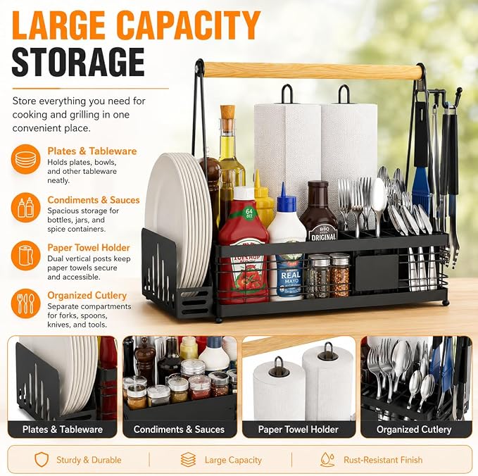 Portable BBQ Grill for Cuisinart CPG-700 Woodcreek XL 2021-2024, Multi Compartment Outdoor Grilling Organizer with Plate Rack, Paper Towel Holder & Tool Hooks for Camping,A