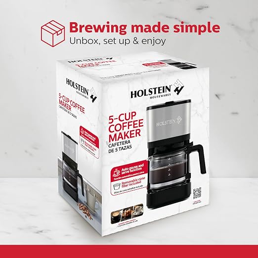Holstein Housewares 5 Cup Coffee Maker – Compact Drip Coffee Machine with Auto Pause & Serve, Reusable Filter, Glass Carafe, Water Window & Warming Plate, Black