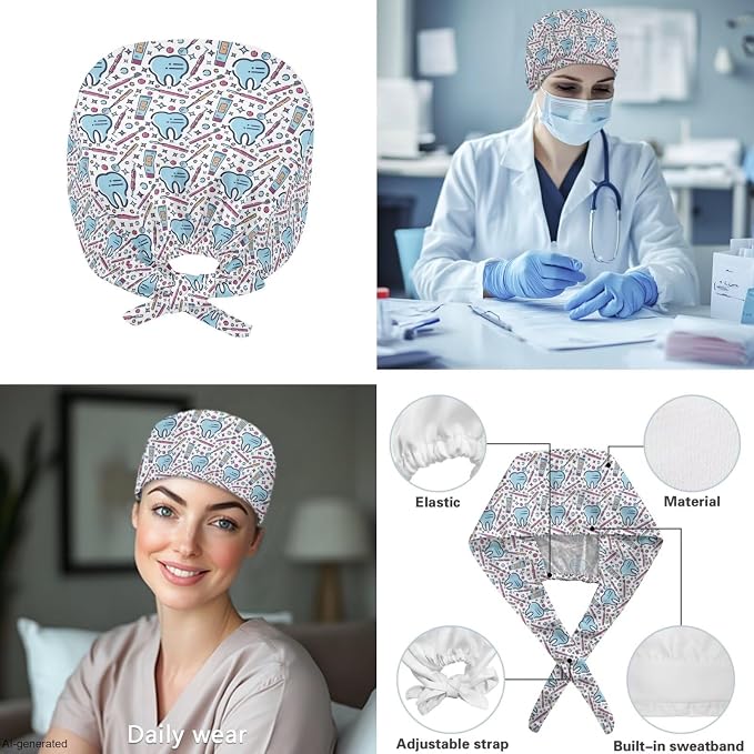 Gomyblomy Women's Scrubs Suit 3-Piece Set | Teeth Print V-Neck Top & Pants & Cap, Breathable and Stretch Fabric, S-5XL