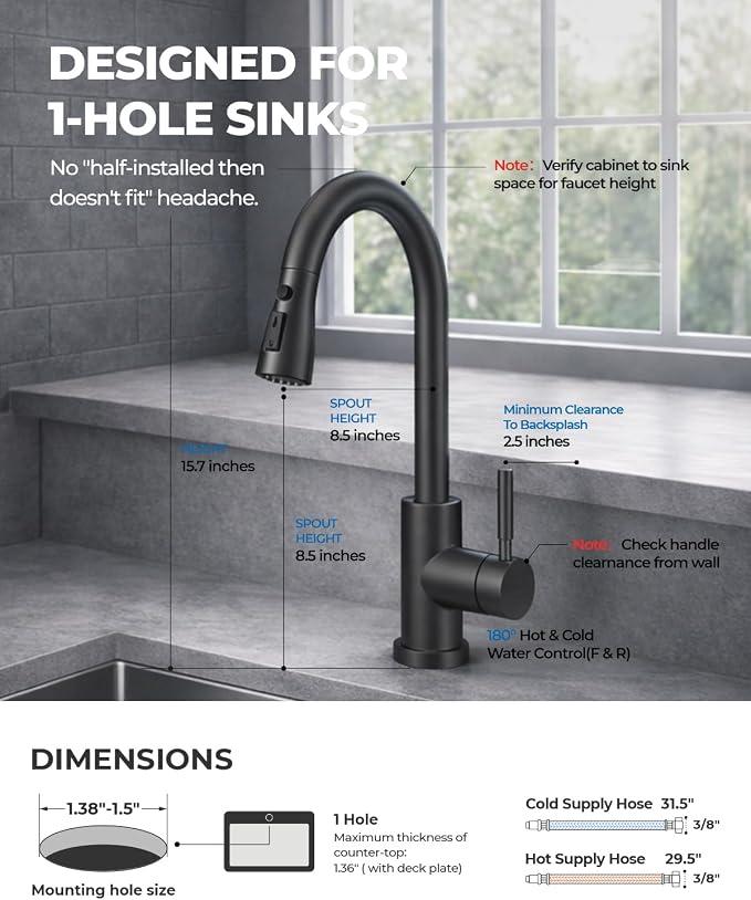 WEWE Pull-Down Kitchen Faucet, 1-Hole for Commercial, Laundry, RV Sinks | 20" Pull-Out Hose Gives Flexible Coverage, 3 Spray Modes, Lead-Free SUS304 Stainless, Tool-Free Twist-Lock
