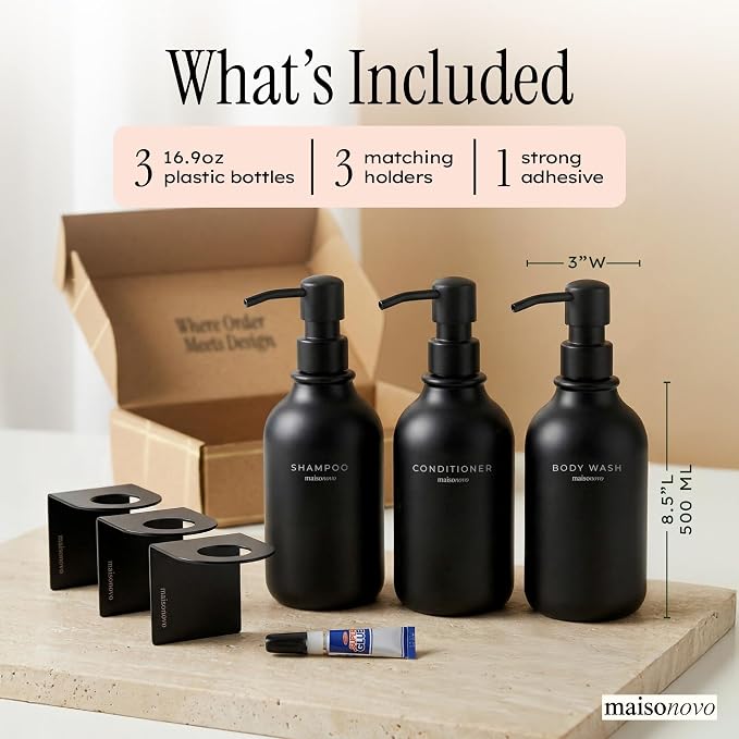 Shampoo and Conditioner Dispenser Wall Mounted Set of 3 Black - No Drill Shower Soap Dispenser for Bathroom Refillable - Spa Hotel Style Accessories by MaisoNovo | 500 ml Shower Gel Dispenser Set of 3. Refillable Shampoo and Conditioner Bottles. Drill ...