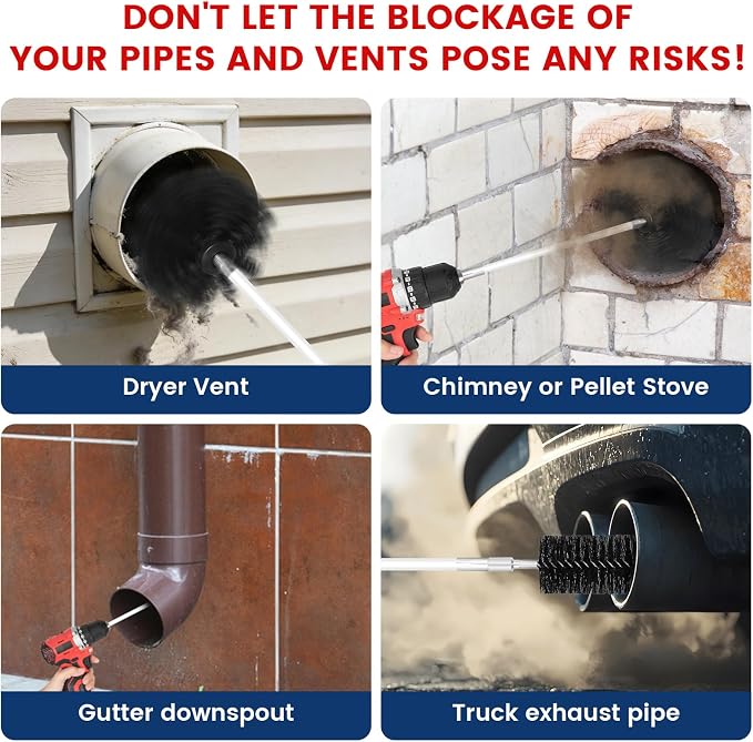 HOKLNUSE Dryer Vent Cleaner Kit Ducts Cleaning Kit for Dryer Air Duct HVAC Vent Fireplace Chimney Pellet Stove Gutter Downspout Dryer Vent Lint Removers with 1.5" 4" 6" Brush Heads(30 Feet)