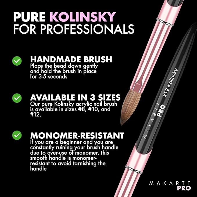 MakarttPro Kolinsky Acrylic Nail Brush Size 12 – 100% Pure Kolinsky Hair for Acrylic Application, Bigger Bead Control, Anti-Clogging, Acetone Resistant Handle