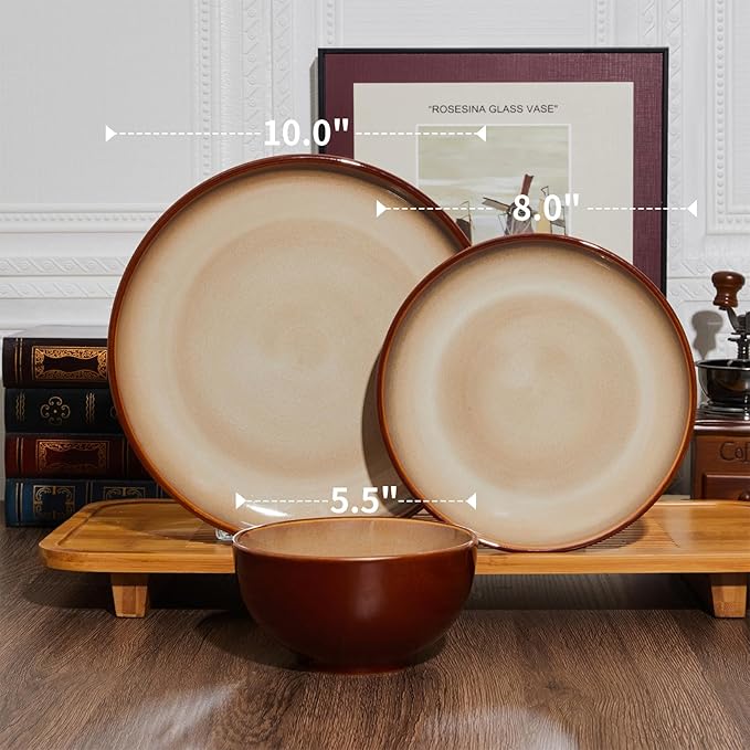 Pokini Ceramic Dinnerware Sets for 6, 18 Pieces Stoneware Plates and Bowls Sets, Chip and Crack Resistant Dishes, Dishwasher & Microwave Safe Dishware Sets, Brown Yellow