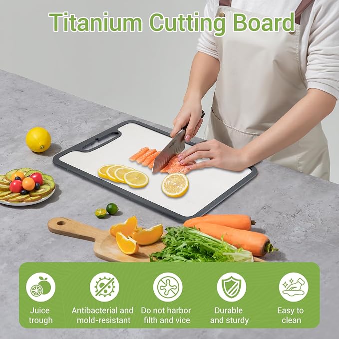 Titanium Cutting Board Set of 3, 360° Silicone Anti-Slip Edge, Non-Porous & Odor Resistant Metal Cutting Boards for Raw Meat, Fish, Vegetables and Meal Prep, Easy to Clean & Dishwasher Safe | Non-Porous & Odor Resistant, Easy to Clean & Dishwasher Safe...