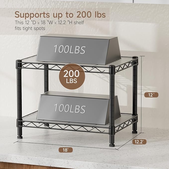 Golpart Small 2 Tier Shelves Storage Wire Shelving Unit Metal Shelf Adjustable Organizers Storage Shelving with Wheels for Bathroom Laundry Room Kitchen Pantry11.7”D x 17.7”W x 12.2”H Black