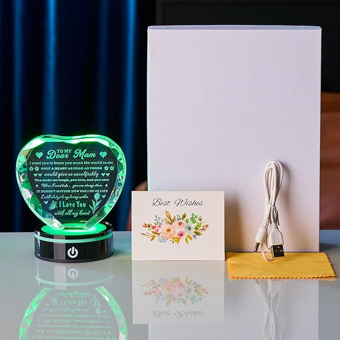 Crystal Heart Birthday Gifts Ideas for Mother from Son Daughter Moms Mother's Day Mothers Day Gifts for Mom Romantic Best Unique Keepsakes Presents with Colorful LED Base Gift (Mom Gifts)