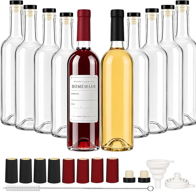 TBWIND 10 Pack 25oz (750ml) Clear Glass Wine Bottles with Airtight T-Top Corks & Shrink Capsules for Wine, Mead, Limoncello & Homebrewing, Includes Funnels & Brush