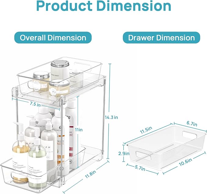 Vtopmart 2 Pack Higher Bathroom Organizer, 2 Tier White Under Sink Organizers Vanity Countertop Storage Container,Cabinet Drawers Bins, Pull-Out Organization with Track for Pantry, Kitchen