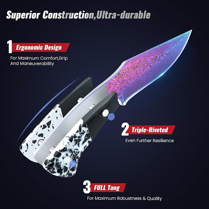 Premium Hunting Knife with Leather Sheath, 4.2" Damascus Style Fixed Blade Knife, Rainbow Titanium Coated German High Carbon Steel, Two-Tone Wood Handle,Unique Outdoor EDC Knife Gift for Men and Women (Dazzling colors)